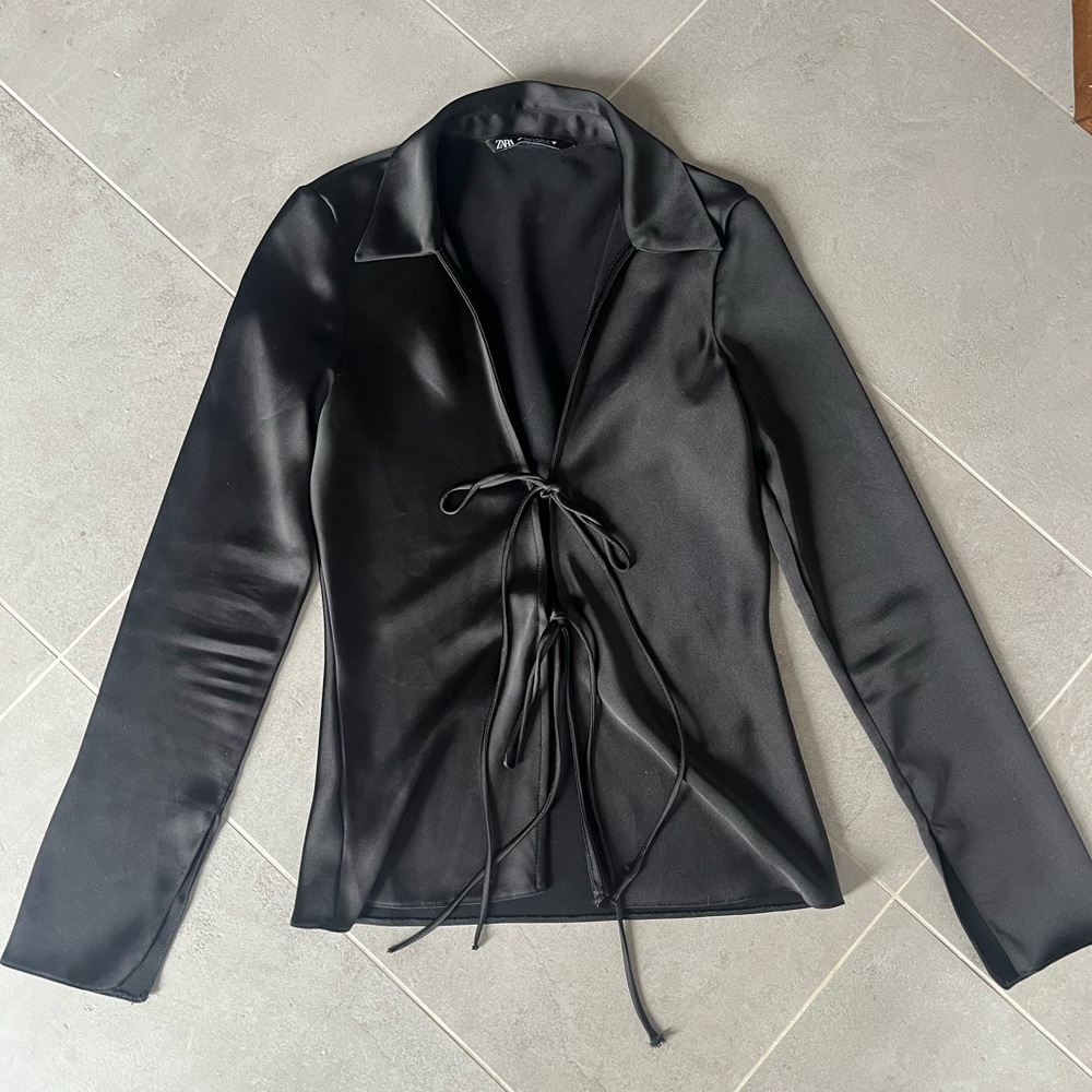 Zara Satin Black Tie Up Blouse